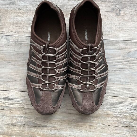 Vintage Y2K Skechers Slip On Lace Up Faux Suede Leather Brown Metallic 8.5 2000s - Picture 2 of 7